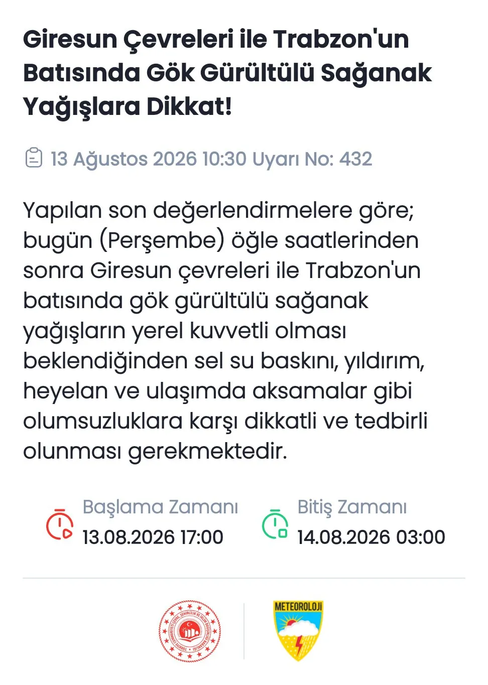 Meteoroloji'den Giresun ve Trabzon'a Kuvvetli Sağanak Uyarısı