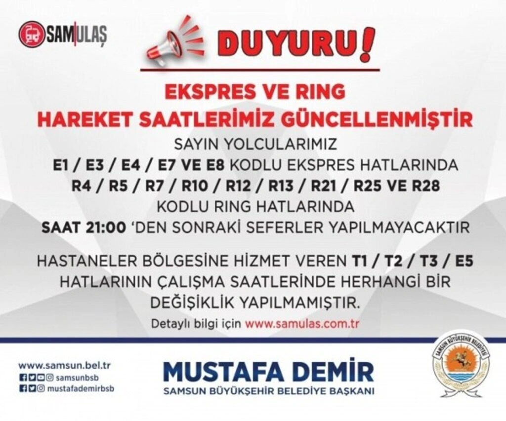 Samsun tramvay ekspres ring otobüs sefer saatleri değişti