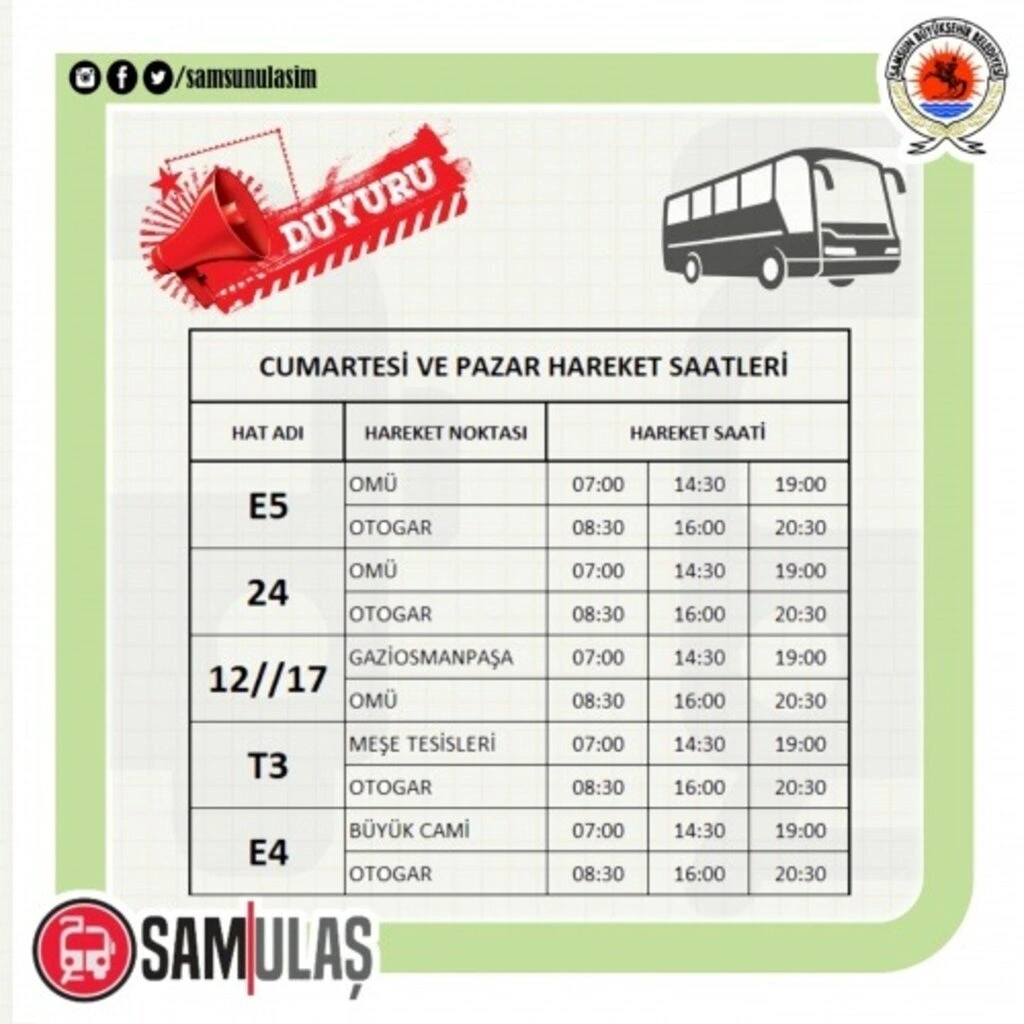 SAMULAŞ Tramvay sefer saatleri, Samsun Tramvay sefer saatleri
