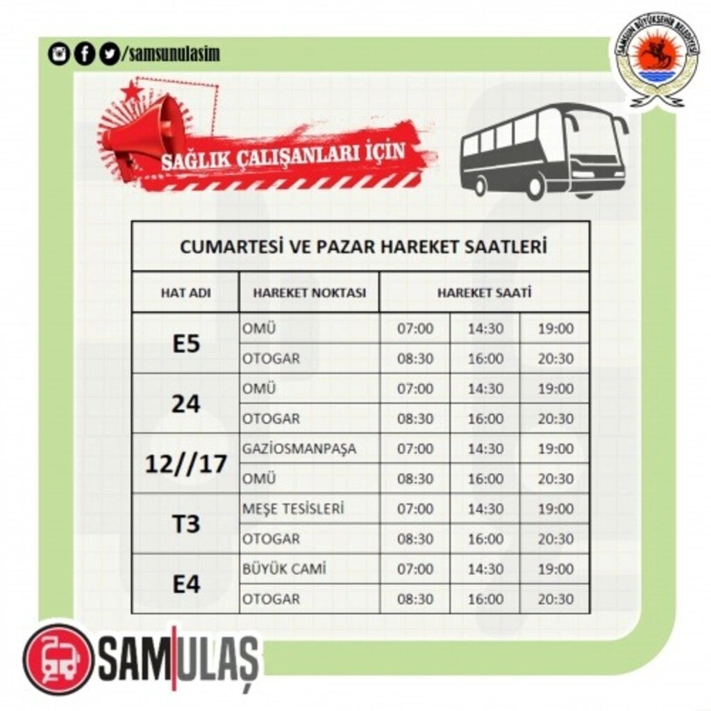 Samsun SAMULAŞ 26 ve 27 Aralık Tramvay ve Otobüs Sefer Saatleri