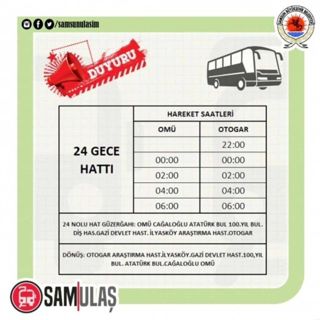 Samsun Tramvay ve Otobüs Sefer Saatleri - 23-24 Ocak 2021