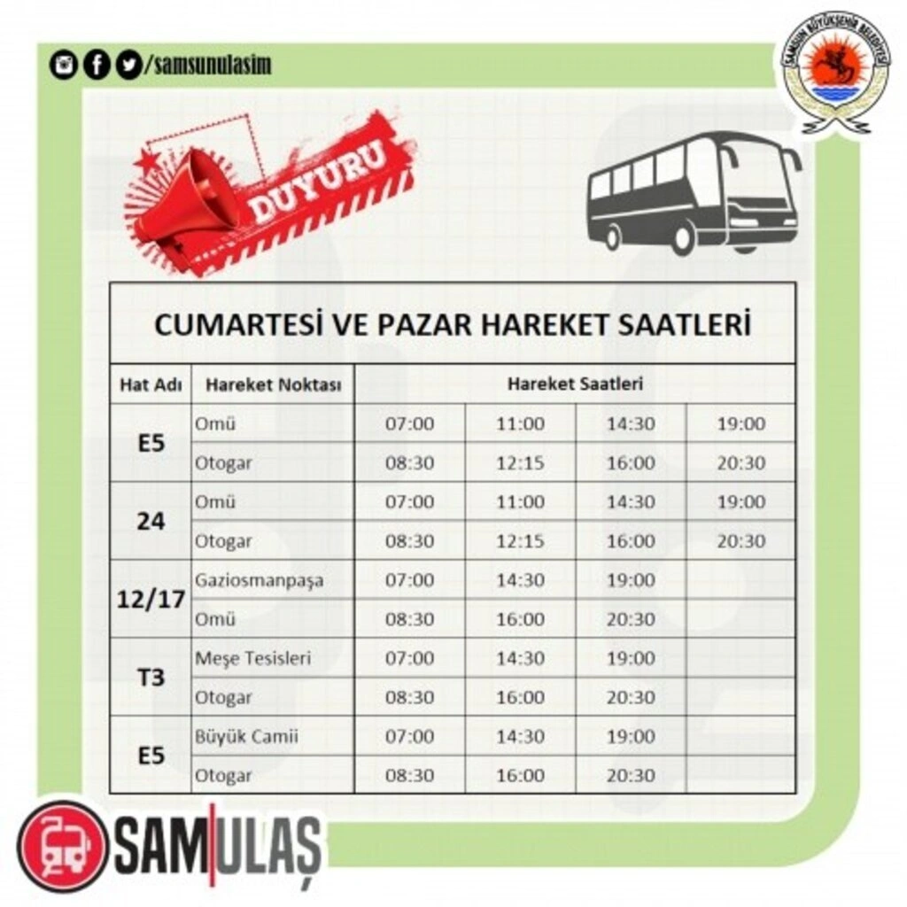 Samsun Tramvay ve Otobüs Sefer Saatleri - 23-24 Ocak 2021