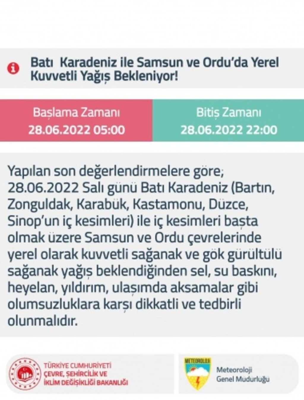Samsun için sağanak yağış uyarısı - 28 Haziran Salı