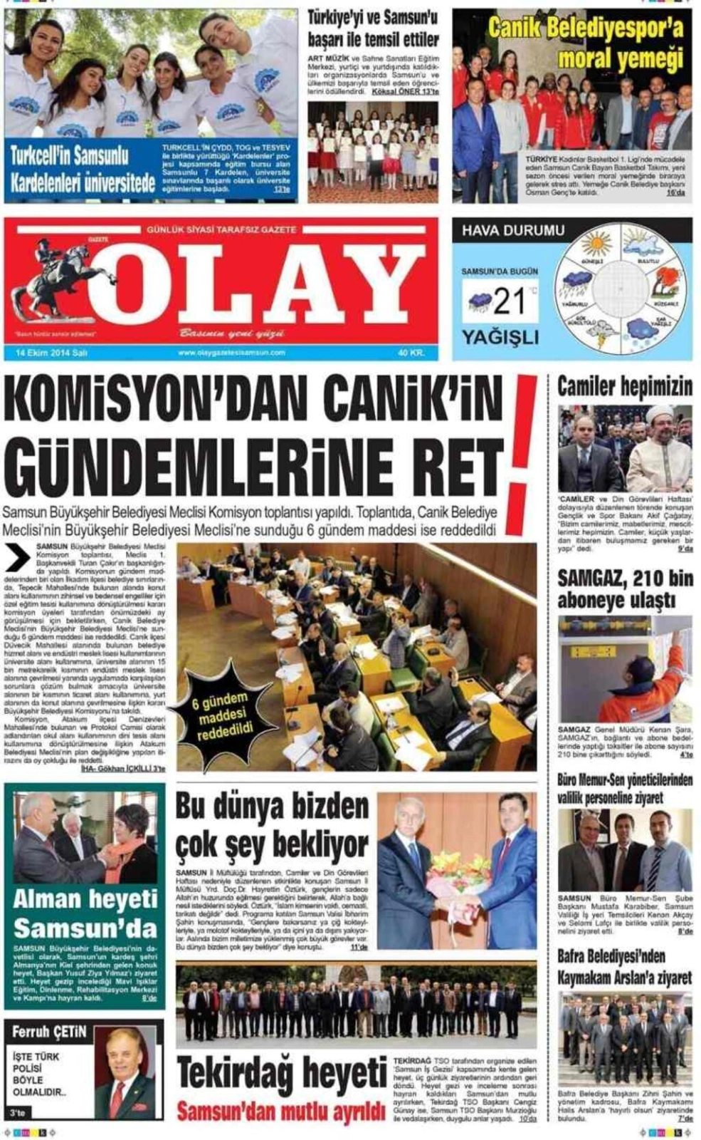 14 Ekim Salı Samsun Yerel Gazeteleri