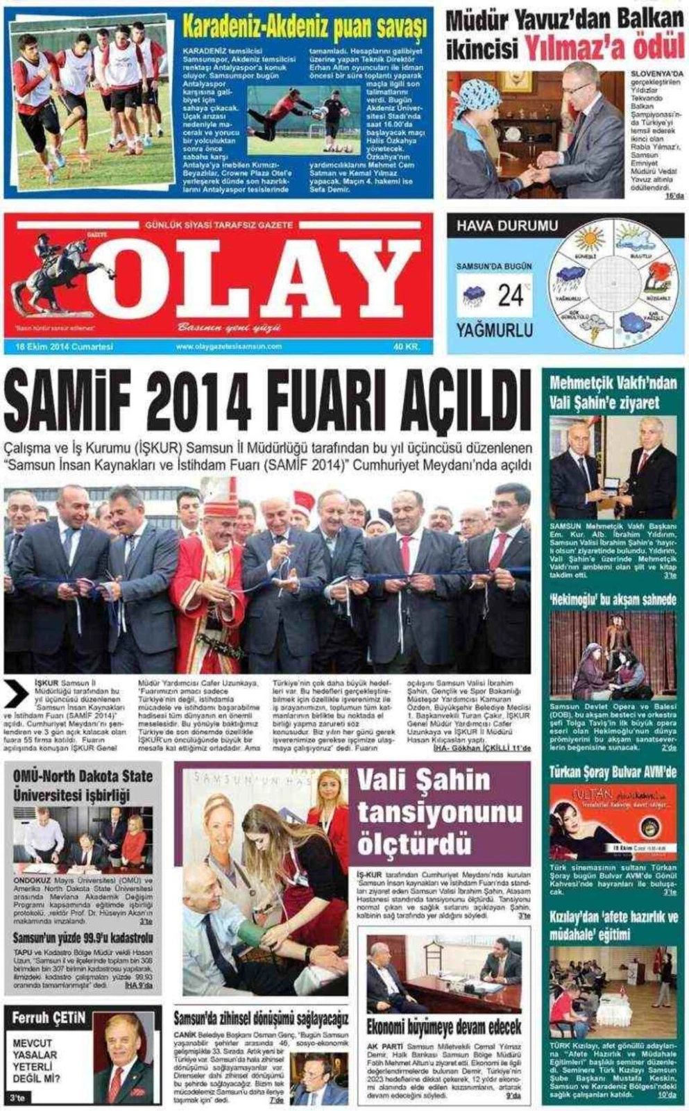 18 Ekim Cumartesi Samsun Yerel Gazeteleri
