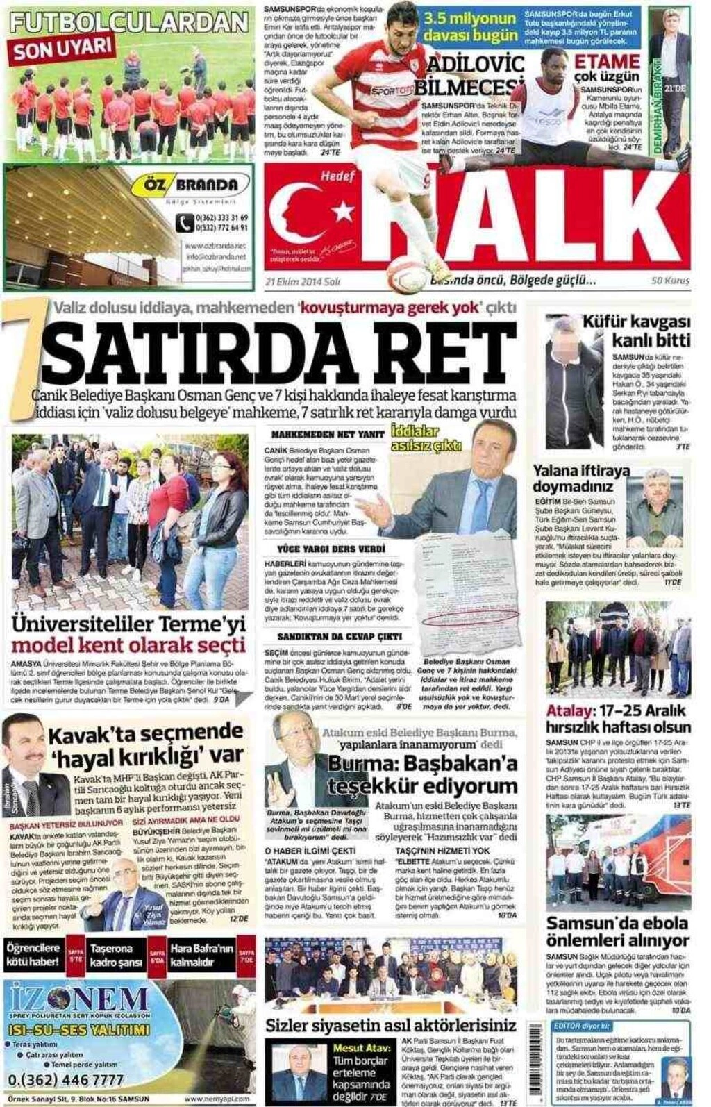 21 Ekim Salı Yerel Gazetelerin birinci sayfaları