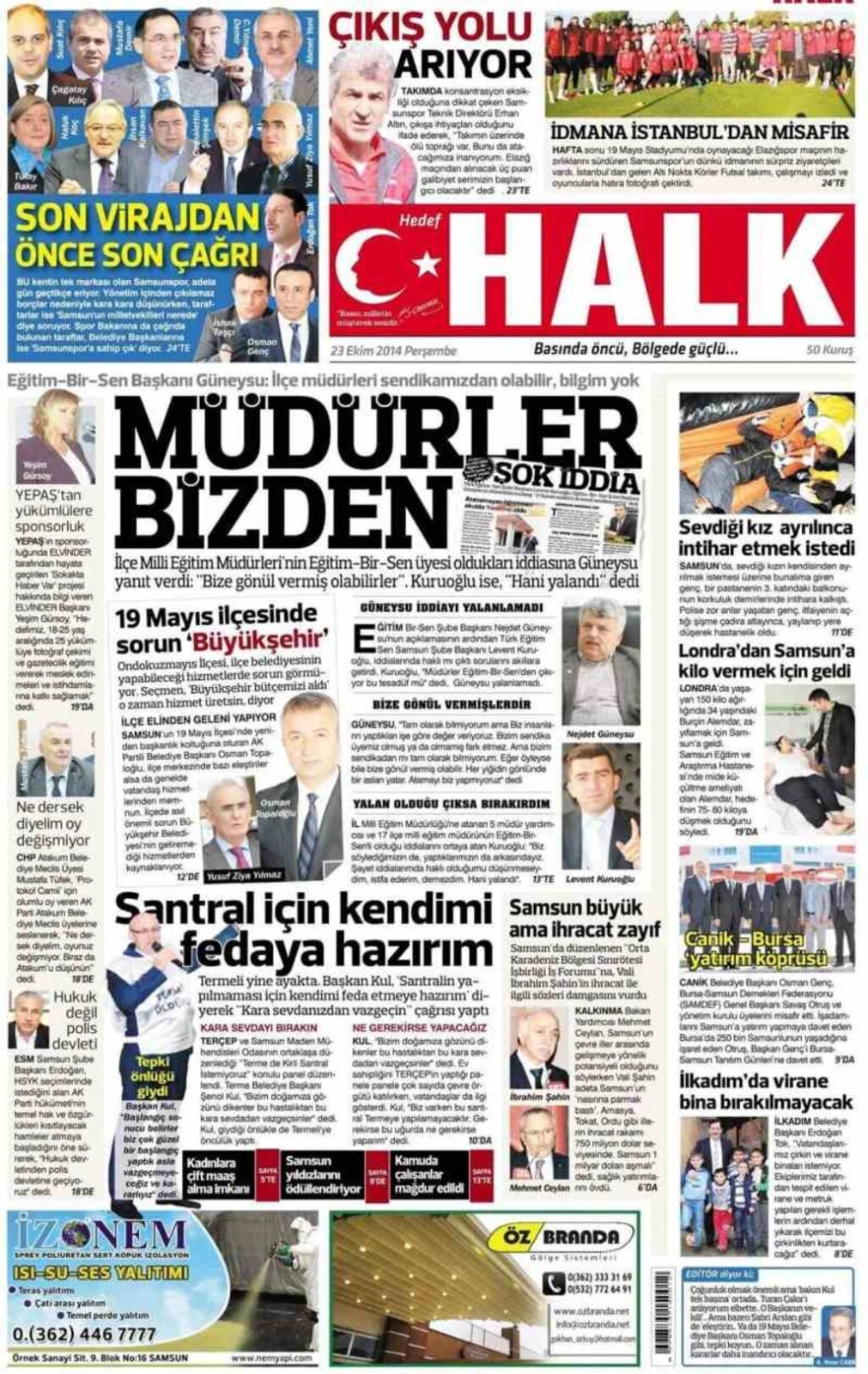 23 Ekim Perşembe yerel gazeteler