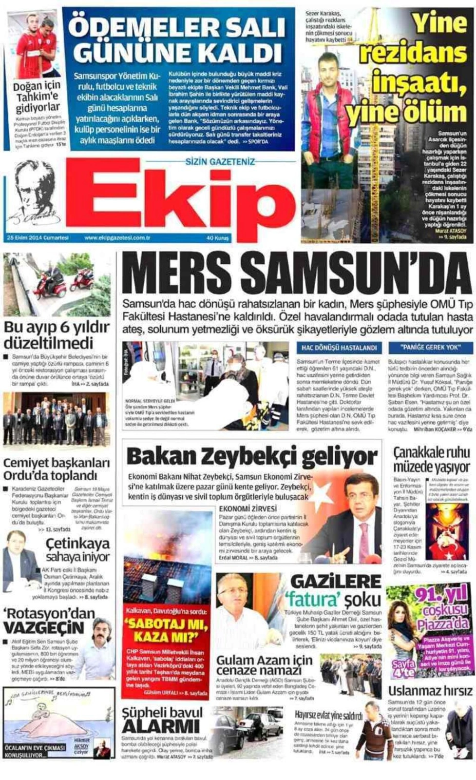 25 Ekim Cumartesi Yerel Gazeteler