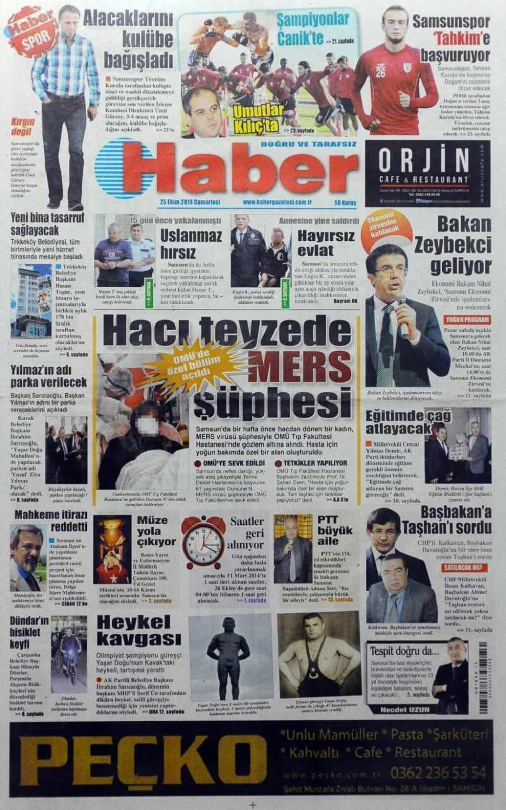 25 Ekim Cumartesi Yerel Gazeteler
