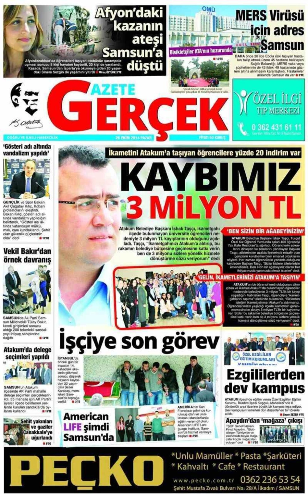 26 Ekim Pazar günü Samsun'un yerel gazeleri