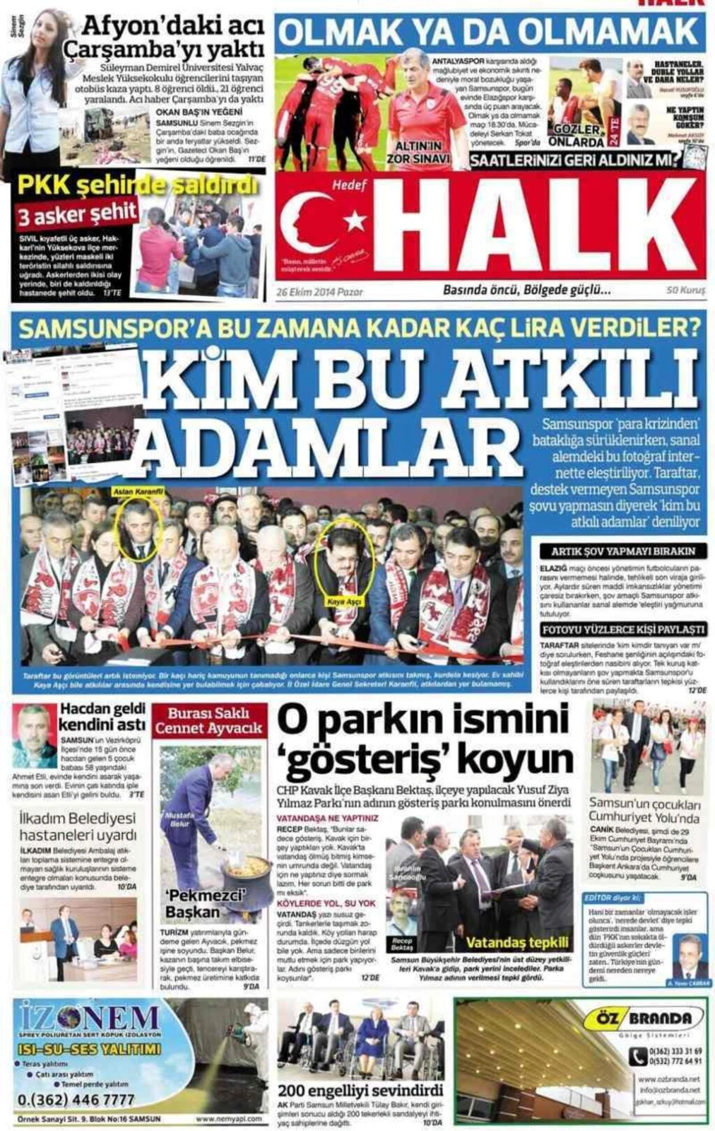 26 Ekim Pazar günü Samsun'un yerel gazeleri