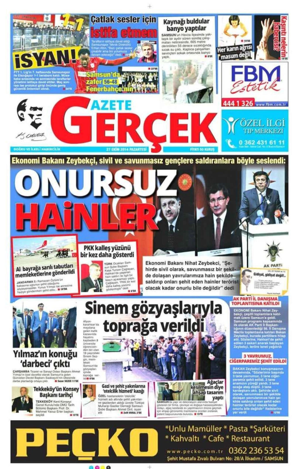 27 Ekim Pazartesi günü Samsun'un yerel gazeteleri
