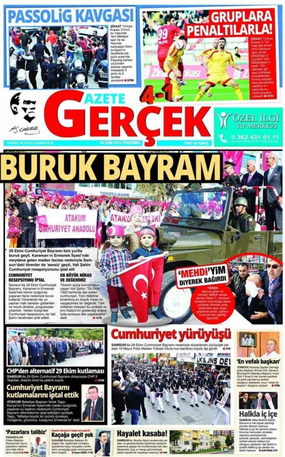 30 Ekim Perşembe Samsun'un Yerel Gazeteleri'nin birinci sayfaları - ARENA - DENGE - EKİP - HABER - HALK - GERÇEK - OLAY