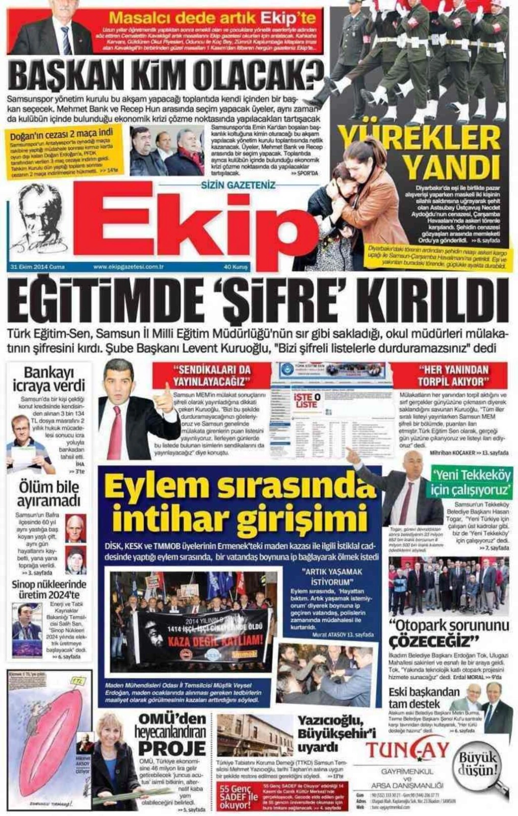 31 Ekim Cuma Samsun'un Yerel Gazetelerinin birinci sayfaları