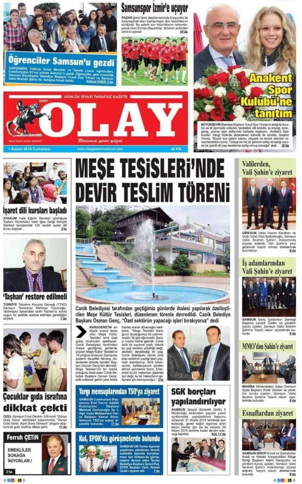 1 Kasım Cumartesi Samsun'da yayın yapan yerel gazetelerinin birinci sayfaları