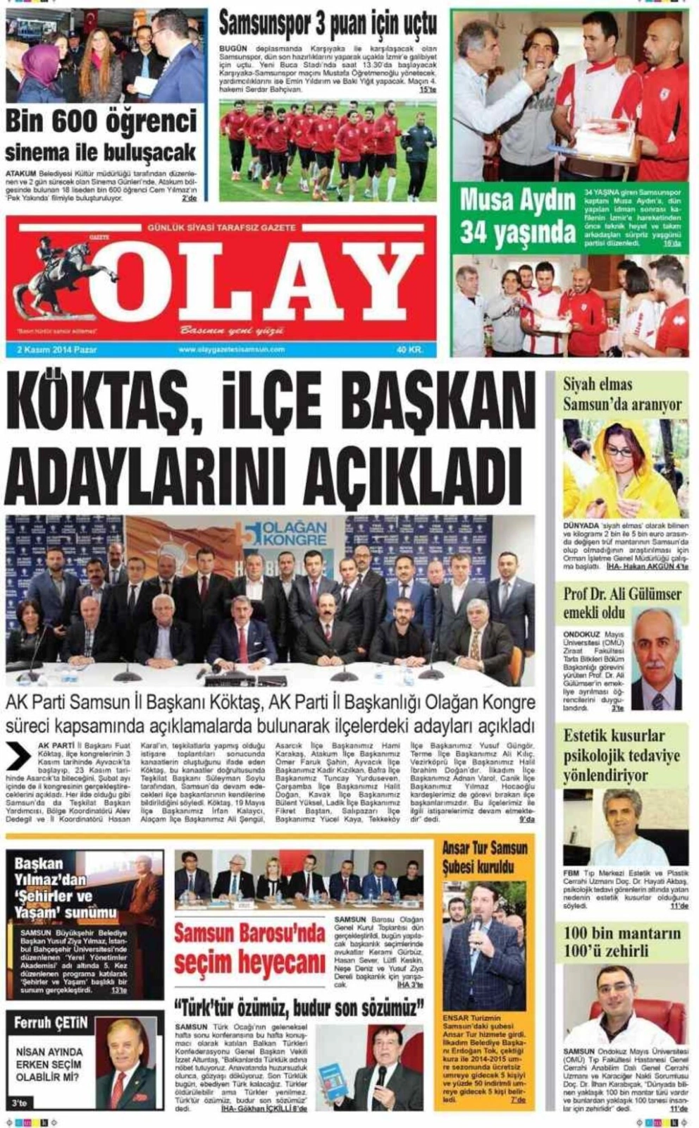 2 Kasım 2014 Pazar Samsun'un yerel gazetelerinin birinci sayfaları