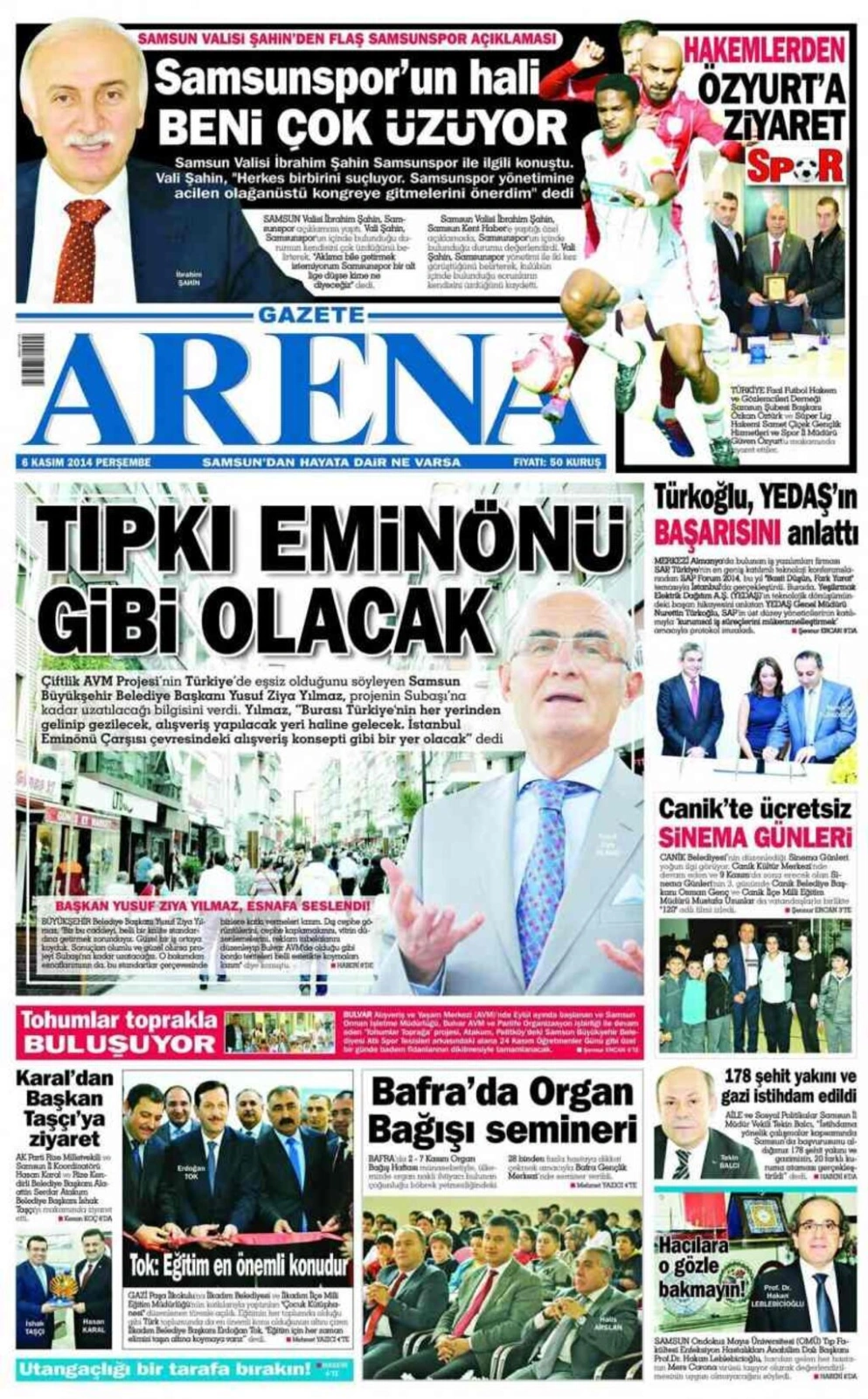 6 Kasım 2014 Samsun Yerel Gazeteleri'nin birinci sayfaları