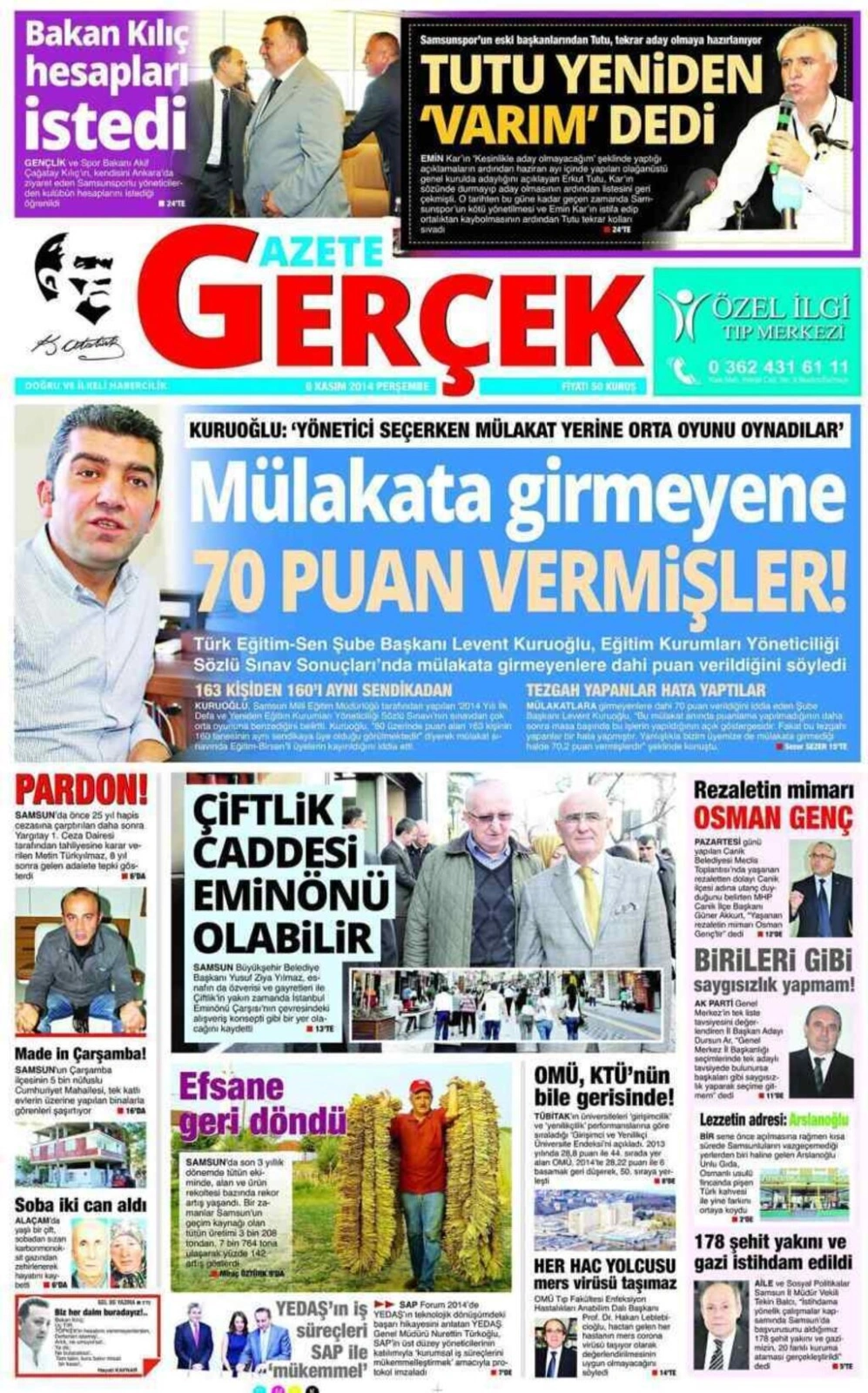 6 Kasım 2014 Samsun Yerel Gazeteleri'nin birinci sayfaları