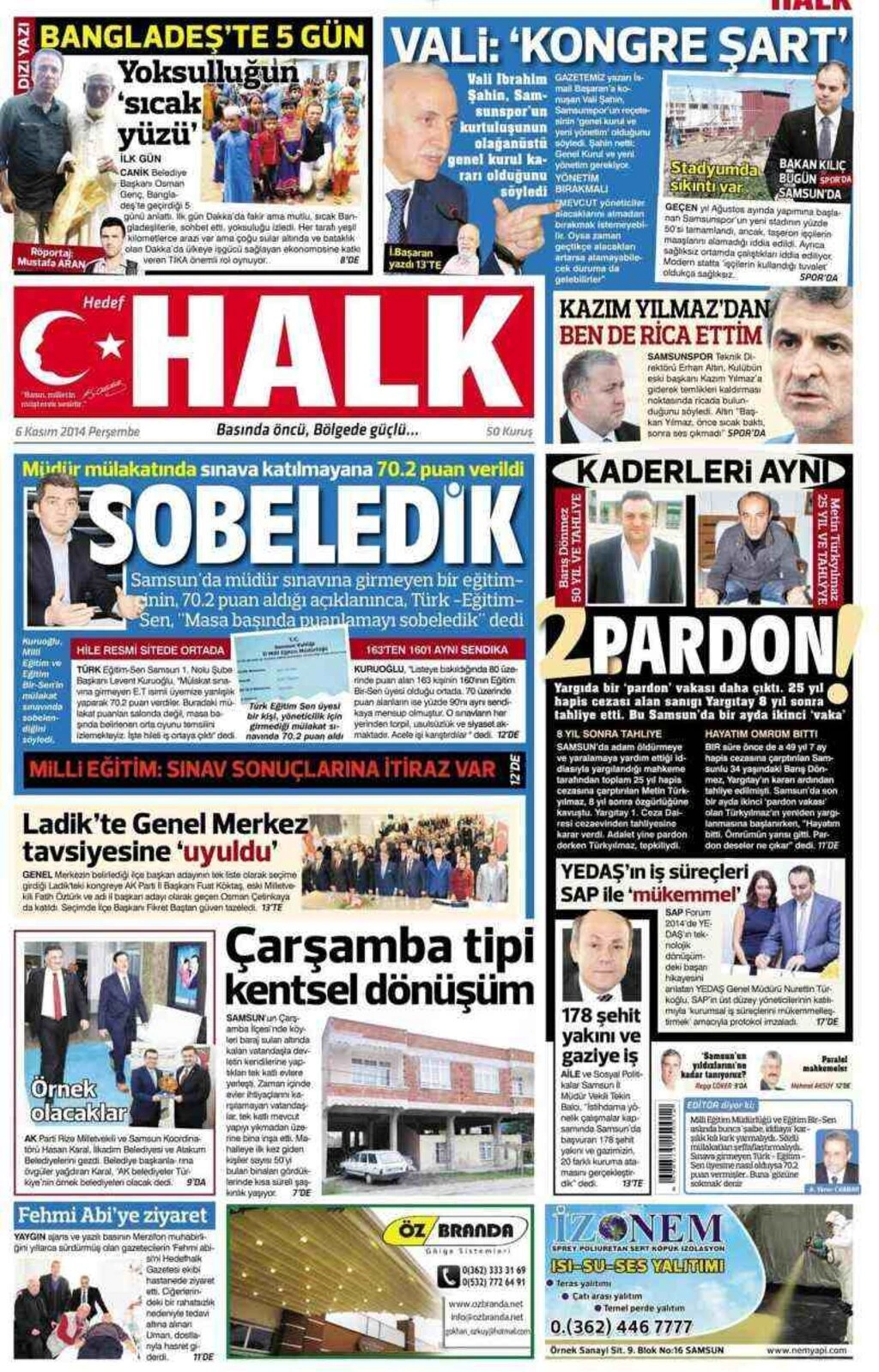 6 Kasım 2014 Samsun Yerel Gazeteleri'nin birinci sayfaları
