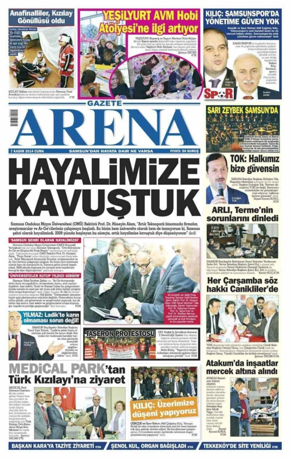 7 Kasım 2014 Samsun'un Yerel Gazetelerinin birinci sayfaları