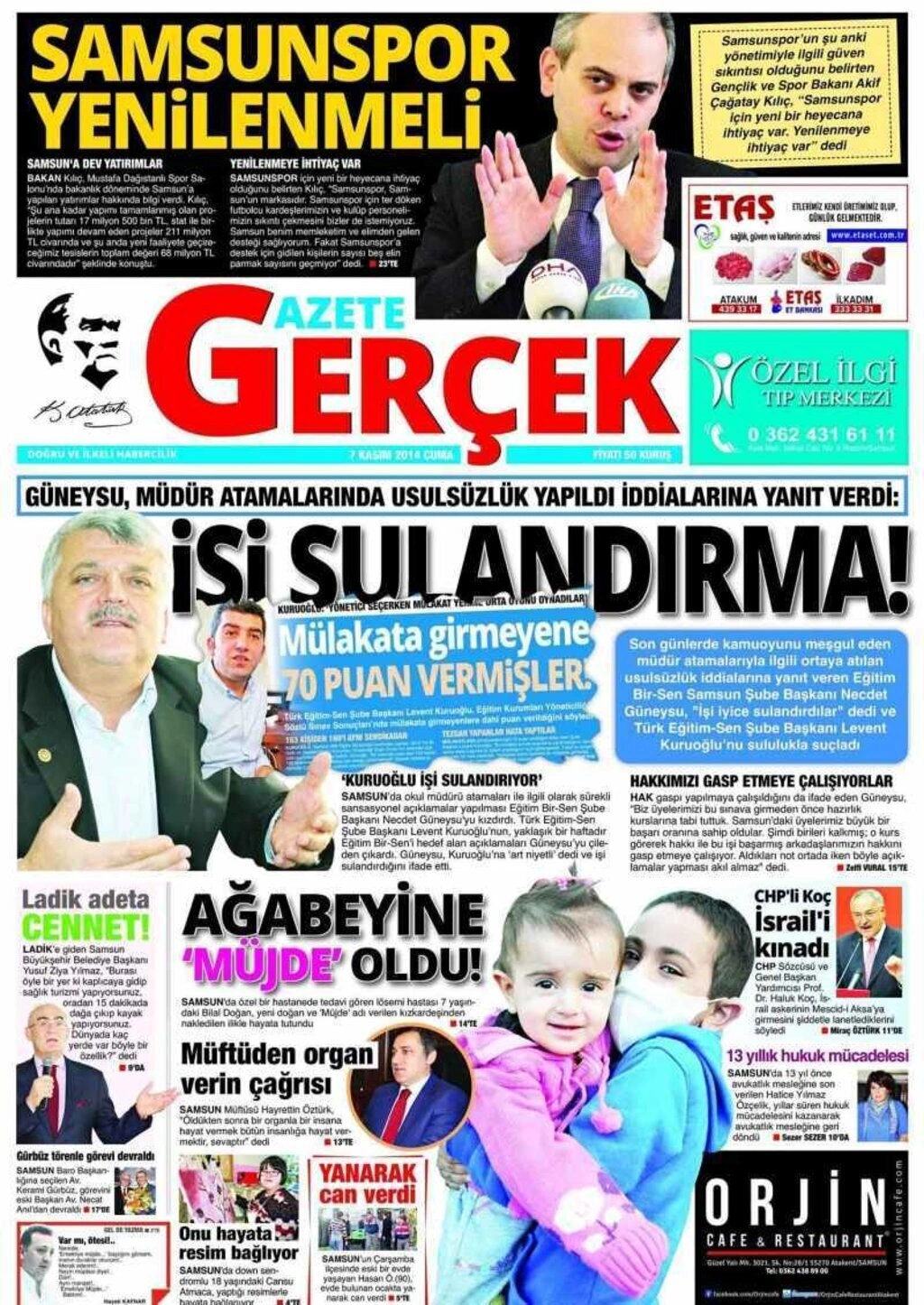 7 Kasım 2014 Samsun'un Yerel Gazetelerinin birinci sayfaları