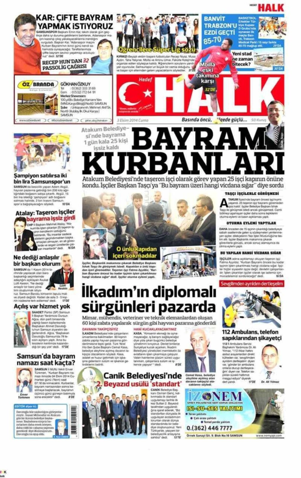 3 EKİM CUMA SAMSUN YEREL GAZETELERİ