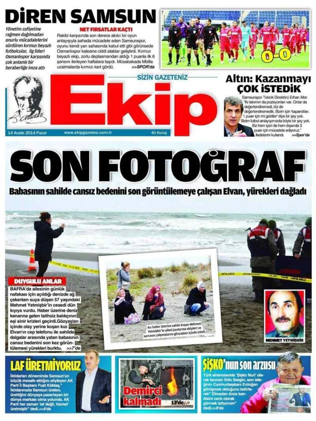 14 Aralık Pazar Yerel Gazetelerin birinci sayfaları