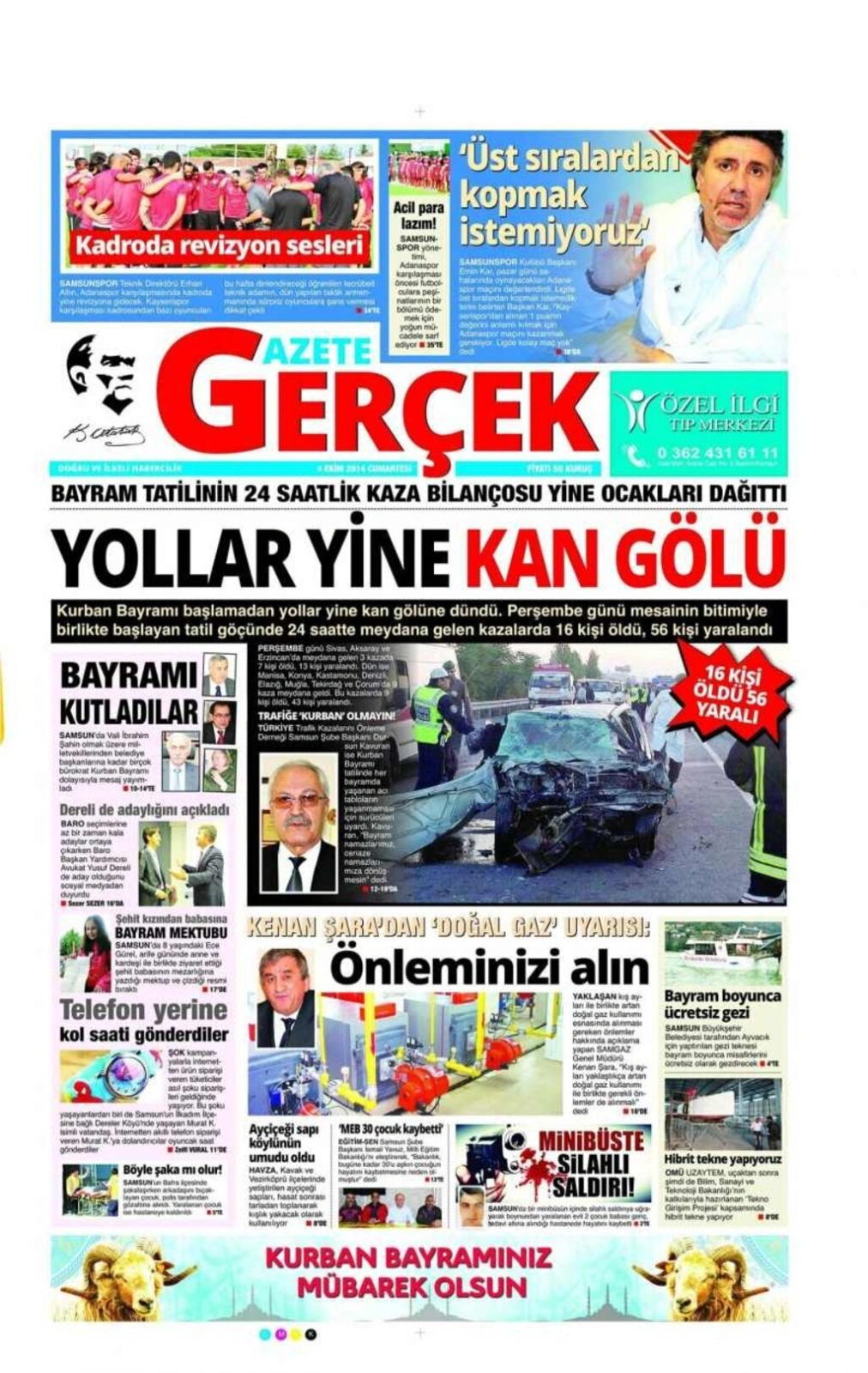 4 EKİM CUMARTESİ GÜNÜ SAMSUN YEREL GAZETELERİ 1. SAYFALARI