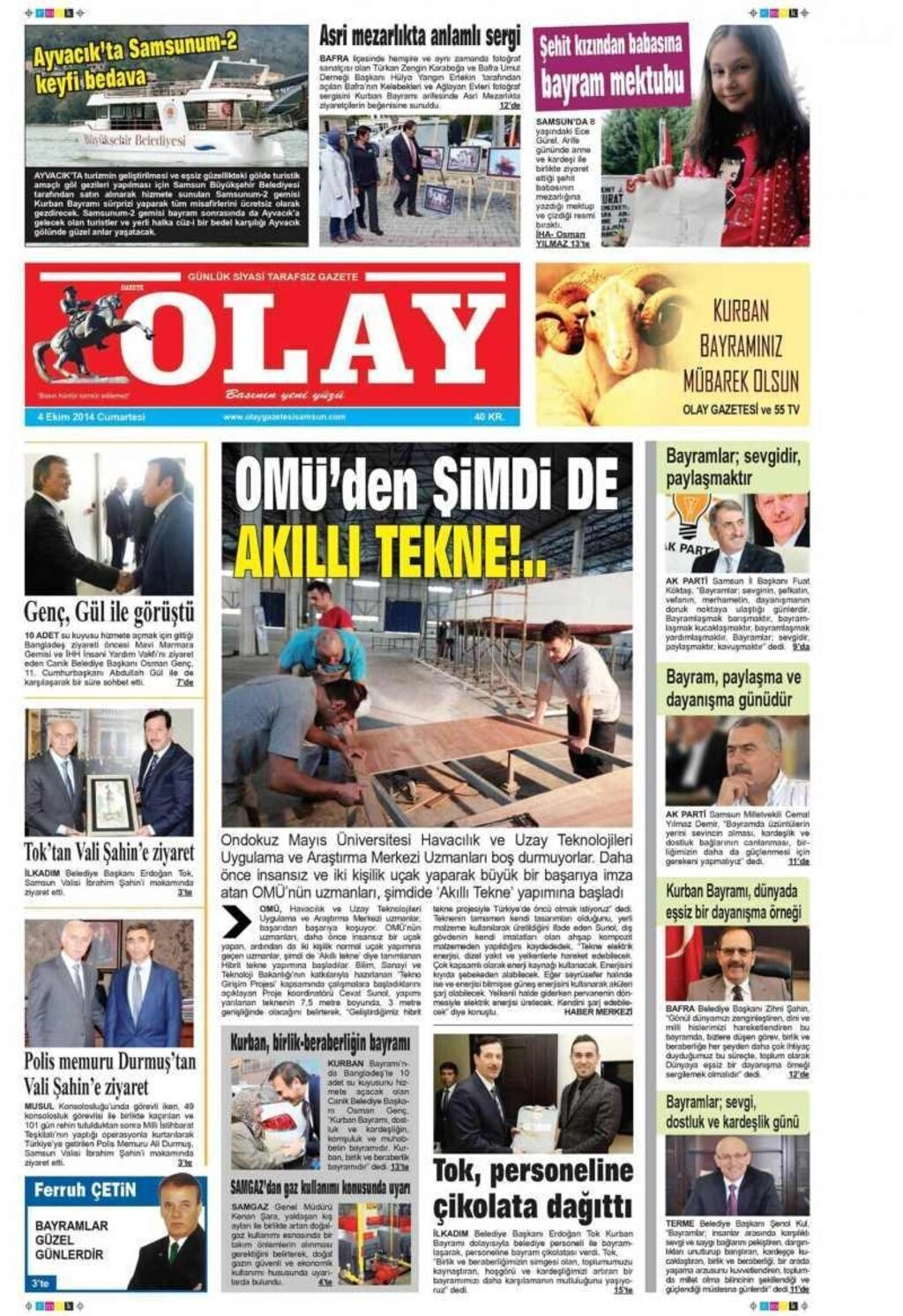 4 EKİM CUMARTESİ GÜNÜ SAMSUN YEREL GAZETELERİ 1. SAYFALARI