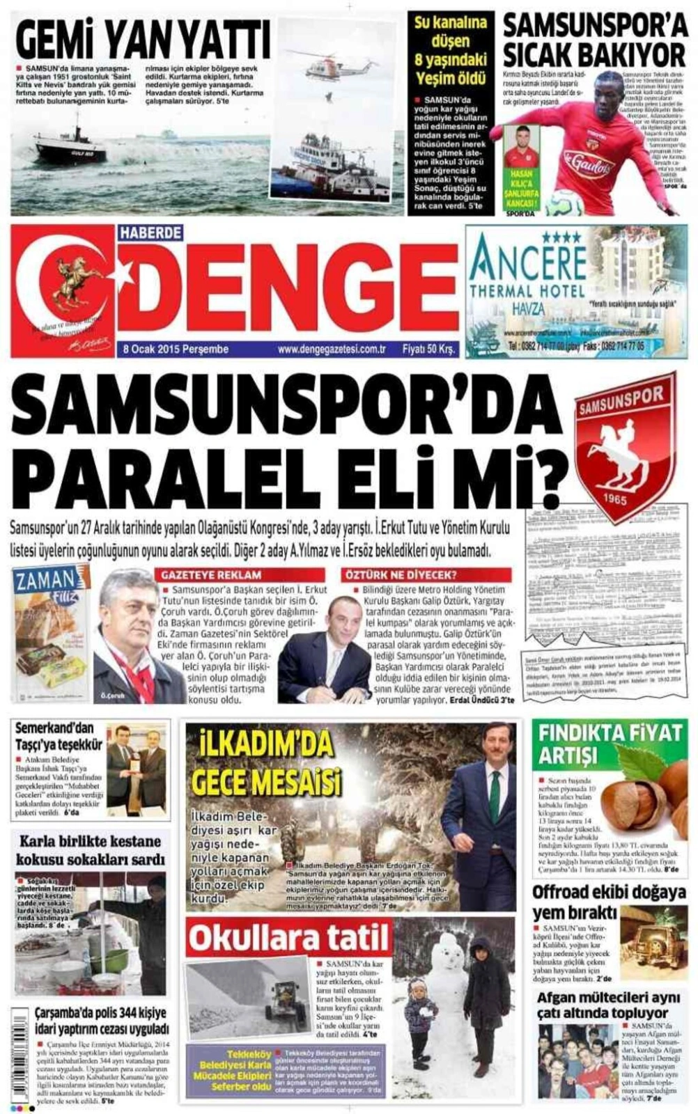8 Ocak Perşembe Samsun'un yerel gazeteleri